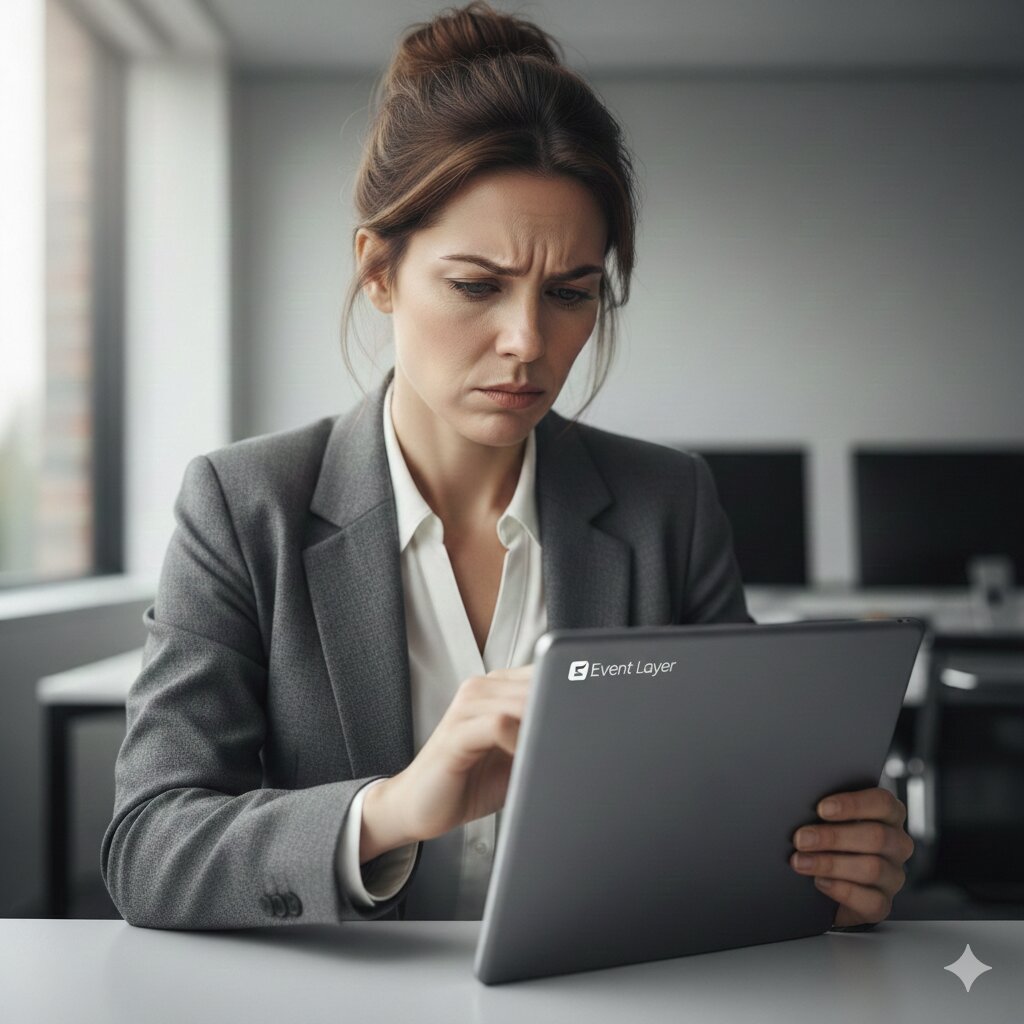 Corporate professional frustrated searching through event photos