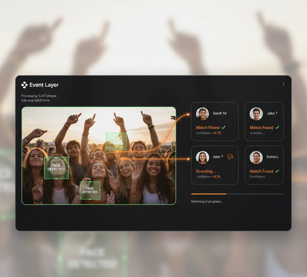 Event Layer AI facial recognition technology matching festival attendees in crowd photos
