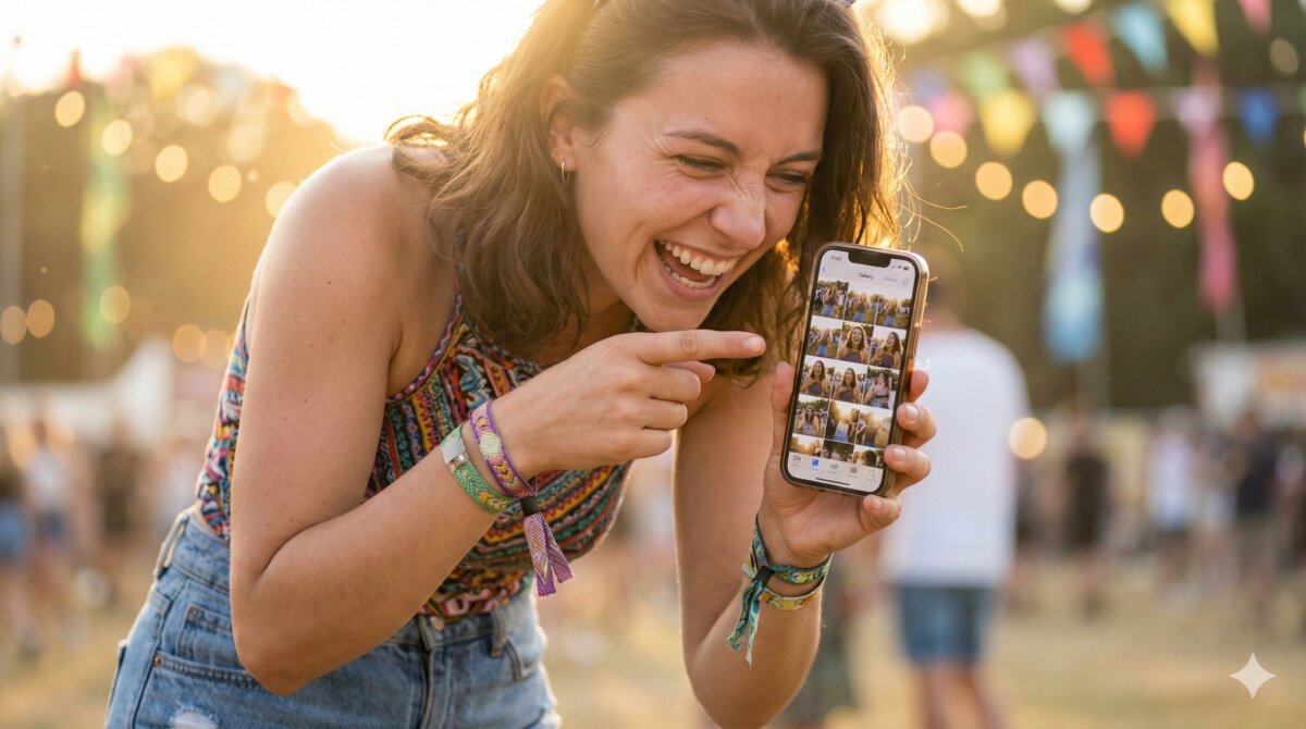 Happy festival attendee viewing their personalised photo gallery